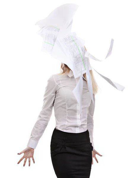 Ufficio affari donna gettato in aria sopra carta insulatio — Foto Stock