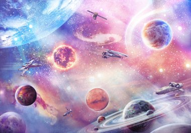 Spaceships in deep space among the planets