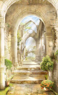 view through the arch to the mountains with waterfalls