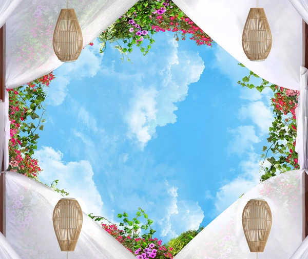 カーテンや木製のランプで夏の花の空 — ストック写真