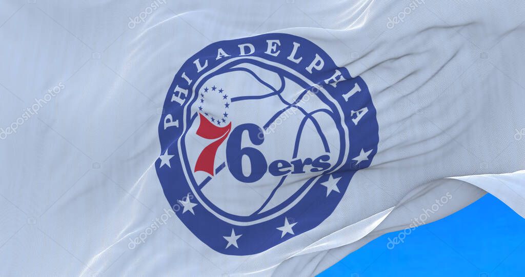 Philadelphia, Pennsylvania UNITED STATES March 23, 2022: Waving flag of Philadelphia 76ers. The Philadelphia 76ers are an American professional basketball team based in Philadelphia.