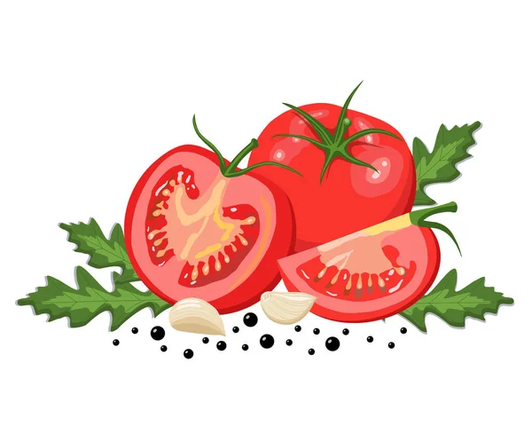 Frische Rote Tomaten Gemüse Eine Halbe Tomate Eine Scheibe Und — Stockvektor