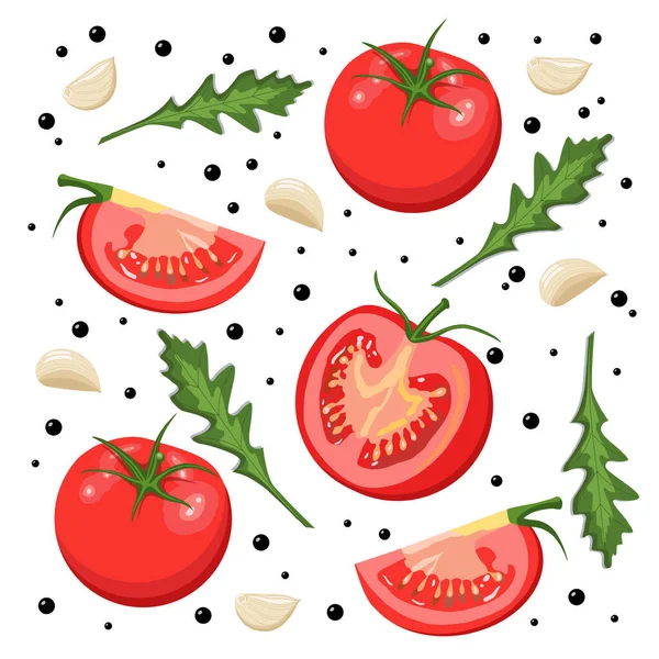 Komposition Aus Tomaten Mit Basilikum Knoblauch Und Gewürzen Auf Weißem — Stockvektor