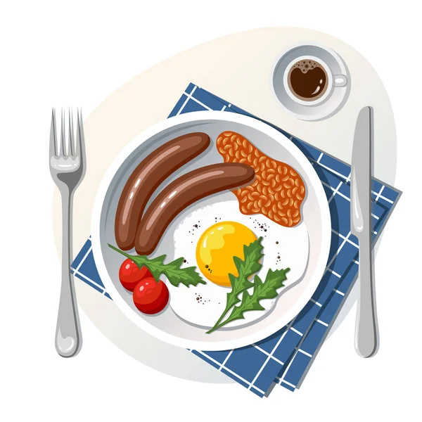 Englisches Frühstück Ein Teller Mit Rührei Würstchen Tomaten Tasse Kaffee — Stockvektor