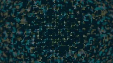 Pikselleştirilmiş koyu arka plan. Parçacıklar bilgi teknolojisi, siber güvenlik, şifreler ve kodları tasvir ederek arka planda ilerliyorlar. Yüksek kalite 4k görüntü