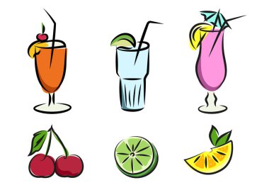Kokteyl, mojito, pina colada, daiquiri, alkollü ve alkolsüz meyve, kiraz, misket limonu, limon. Vektör illüstrasyonu