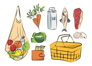 Eskiz resmi, süpermarket ürünlerinin çizimi ve günlük alışverişler için ana bakkaliye malzemeleri. Vektör illüstrasyonu