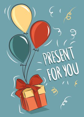 Retro kartpostal, balonlarda kırmızı bir fiyonk asılı bir hediye. Vektör illüstrasyonu