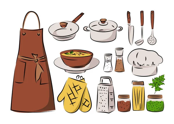 Image Croquis Illustration Ustensiles Cuisine Ustensiles Cuisine Textiles Condiments Illustration — Image vectorielle