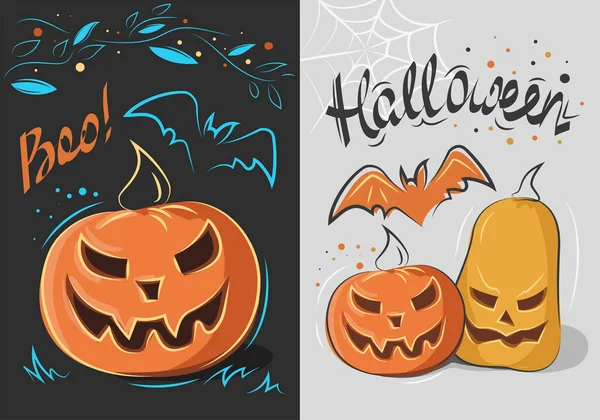 Halloween Plakátok Képeslapok Tök Denevér Készült Vázlatos Technika Világos Sötét — Stock Vector