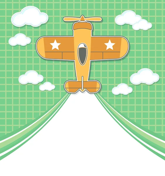 Divertidos dibujos animados de juguete de avión con cola en blanco para espacio de copia — Vector de stock