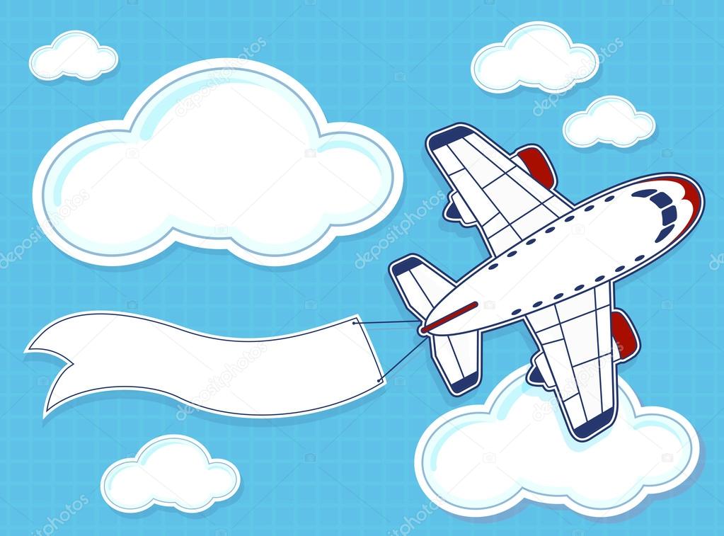 Airplane with blank banner on blue background