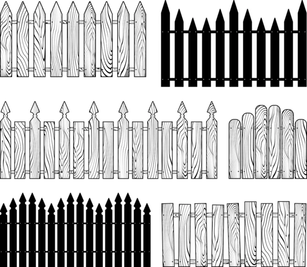 Wooden b&w fences silhouettes vector — Stock Vector