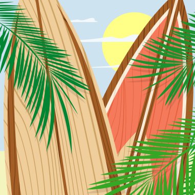 sörf tahtaları ve avuç içi ahşap arka plan