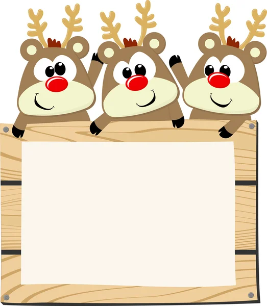 Baby reindeers with wooden sign board — Stock Vector