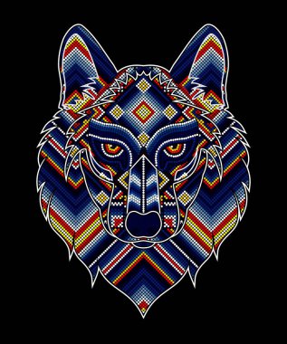 Meksika huichol sanatından esinlenmiş renkli boncuklu kurt kafasının vektör çizimi. Siyah arkaplanda izole.