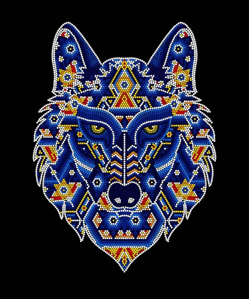 Illustrazione Vettoriale Colorata Testa Lupo Perline Ispirato Arte Huichol Messicano — Vettoriale Stock