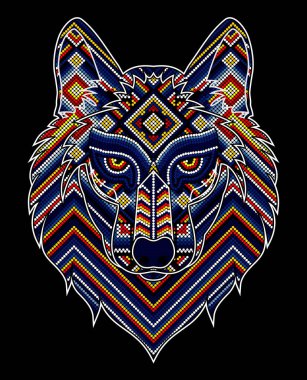 Meksika huichol sanatından esinlenmiş renkli boncuklu kurt kafasının vektör çizimi. Siyah arkaplanda izole.