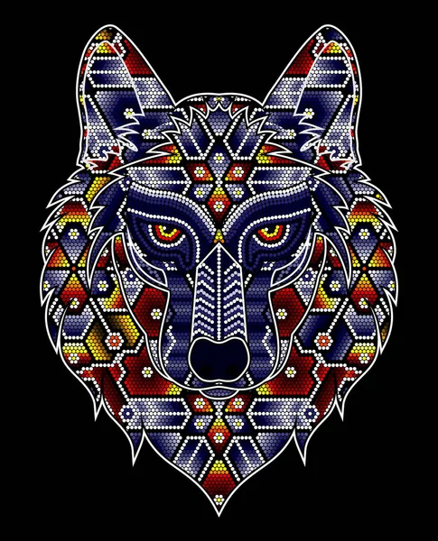 Vektor Illustration Von Bunten Perlen Wolfskopf Mexikanischer Huichol Kunst Inspiriert — Stockvektor