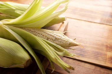 Ahşap kırsal yüzeydeki koçanda çiğ beyaz mısır resmi. kopyalama alanı. Kapat..