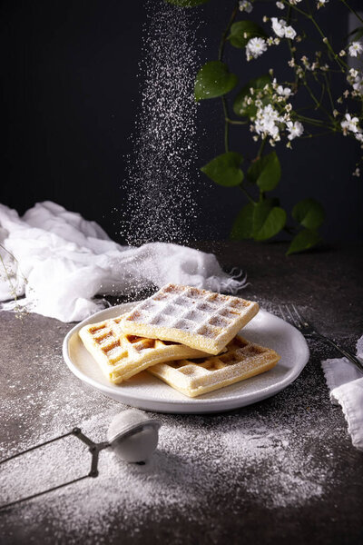 Powdered sugar falling on homemade waffles on white dish.