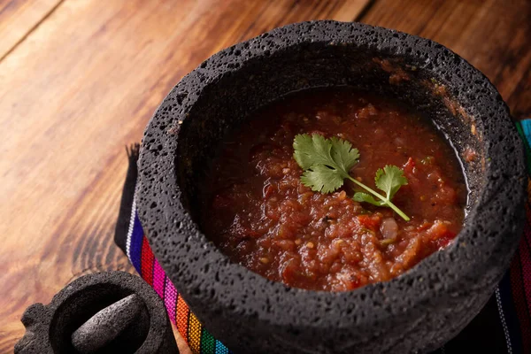 Salsa Roja Molcajete Traditionelle Mexikanische Version Von Mörtel Und Stößel — Stockfoto
