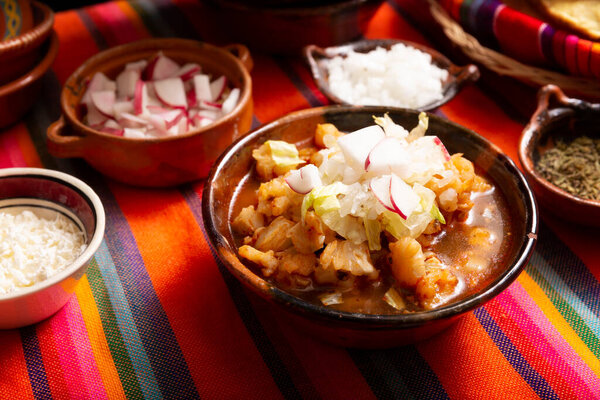 Pozole Rojo. Traditional mexican stew very popular in mexico and neighboring countries. Made from cacahuazintle with meat and various other ingredients depending on the region.
