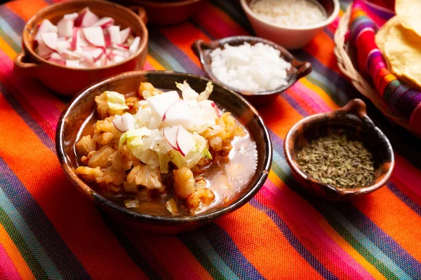 Pozole Rojo 멕시코 스튜는 멕시코와 들에서 인기가 지역에 고기와 재료로 — 스톡 사진