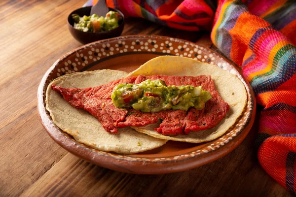 Tacos Cecina Enchilada Con Guacamole Αλατισμένο Λιαστό Χοιρινό Μοσχαρίσιο Κρέας — Φωτογραφία Αρχείου