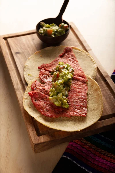 Tacos Cecina Enchilada Con Guacamole Viande Porc Bœuf Salée Séchée — Photo