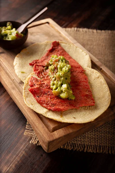 Tacos Cecina Enchilada Con Guacamole Ban Sózott Napon Szárított Sertéshús — Stock Fotó