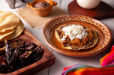 Tostada de Tinga de Res. Tipik Meksika yemeği. Çoğunlukla doğranmış et, soğan ve kurutulmuş biberle hazırlanmış. Mısırlı tortilla tostada servis edilir..