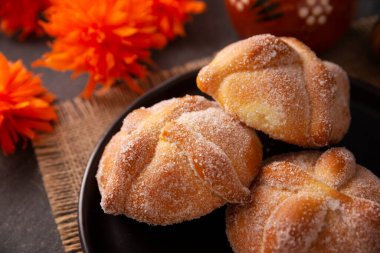 Pan de Muerto. Ölü sezonunda tüketilen tipik Meksika tatlı ekmeği. Ölülerin bayramında sunakların ve sunakların ana unsurlarından biridir..