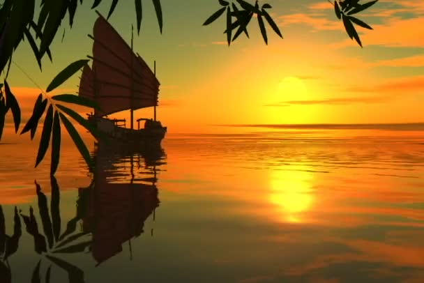 Asiatiska segelbåt vid solnedgången i det södra havet. 3D-ritning. — Stockvideo