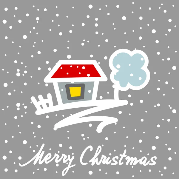 Cartão de Natal com árvore de casa e flocos de neve — Vetor de Stock