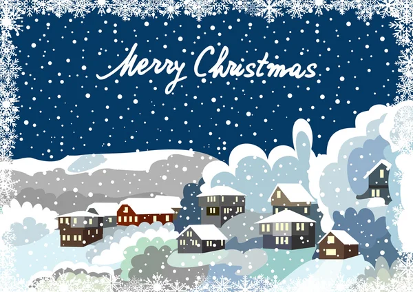 Χριστουγεννιάτικη κάρτα με το χωριό το χειμώνα — Διανυσματικό Αρχείο