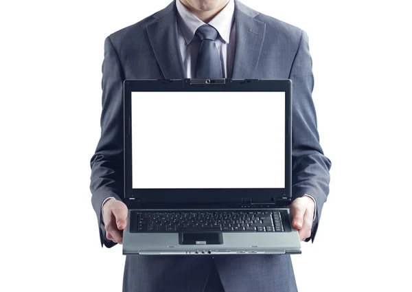 Бизнесмен держит ноутбук — стоковое фото