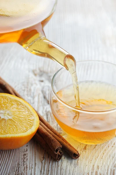 Pouring Tea into Glass Cup — Stock Photo, Image