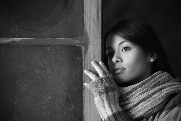 Retrato de una hermosa mujer en la ventana — Foto de Stock