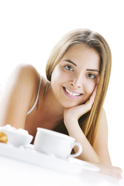 Smiling woman having breakfast — Stock Photo, Image