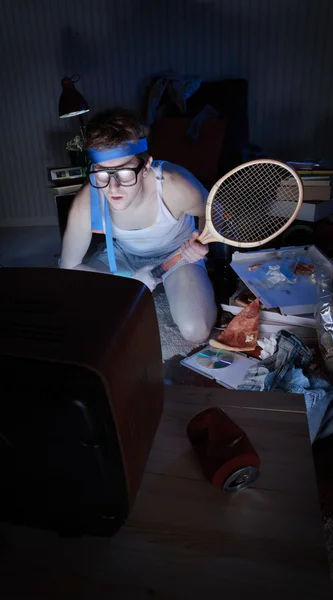 Tennis Fan Watching Television — Stock Photo, Image