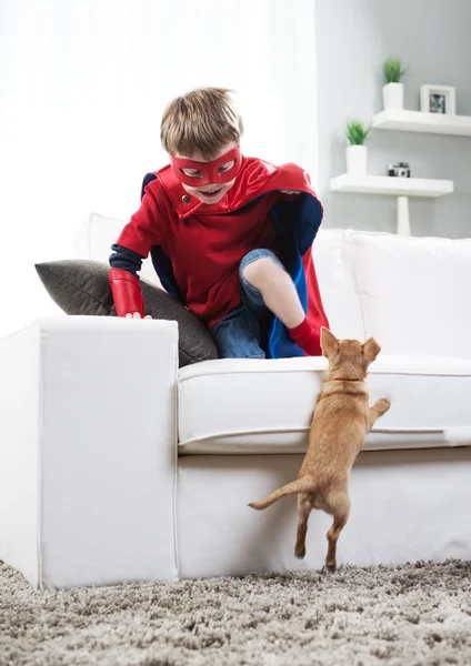 Мальчик и собака-супергерой — стоковое фото