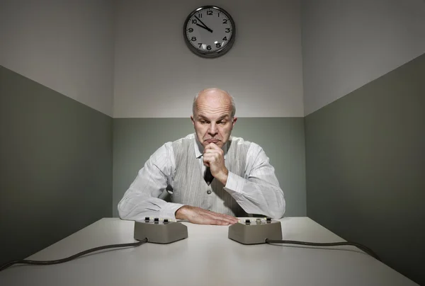 Vintage office worker using intercoms — Stock Photo, Image