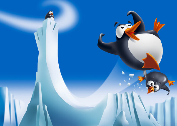 Смешные пингвины на ледяной горке
