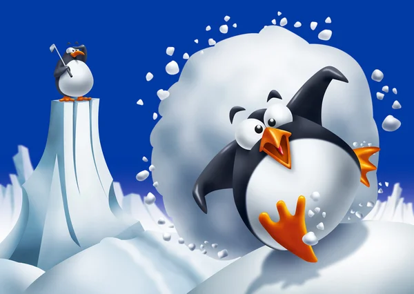 Пингвин убегает от лавины — стоковое фото