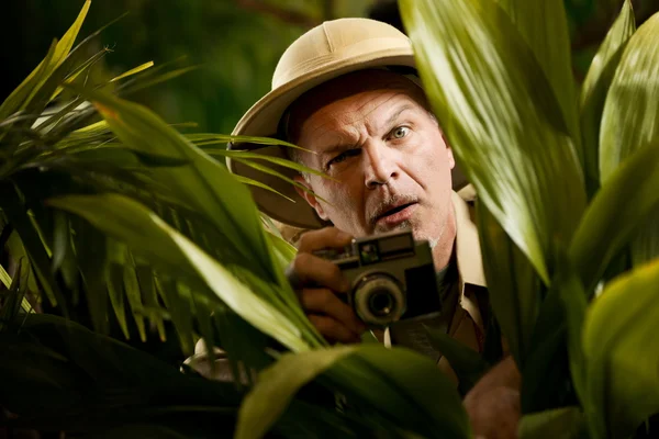 Fotógrafo explorador escondido en vegetación — Foto de Stock