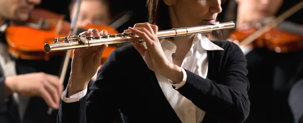 交响乐队的演奏性能： 长笛演奏家特写 — 图库照片