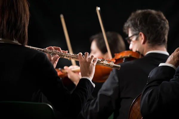 Desempenho da orquestra sinfônica: close-up flutista — Fotografia de Stock