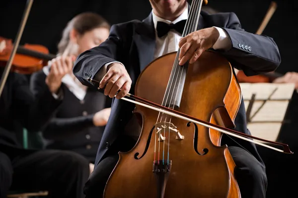 Symphony orchestra performance: celloist close-up — Stock Photo, Image