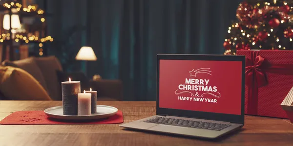 Merry Christmas Happy New Year Wishes Laptop — Stock Photo, Image